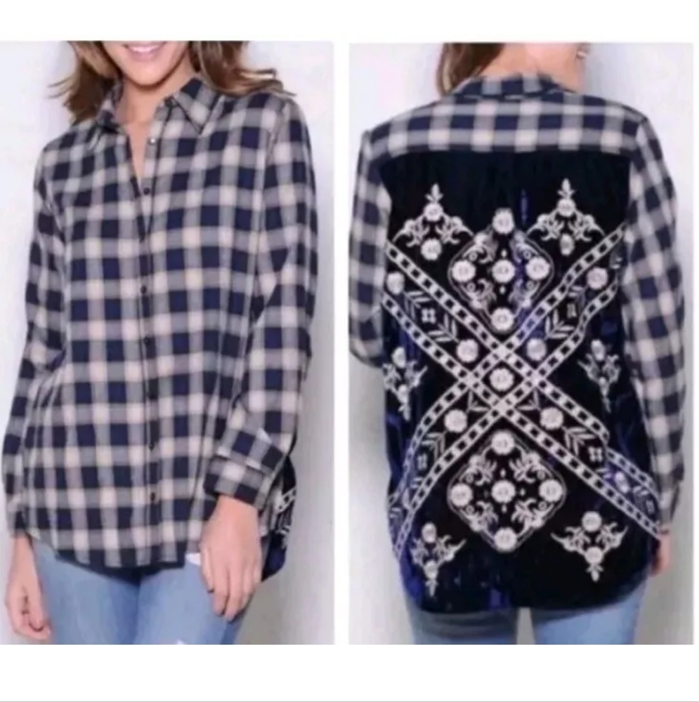 Soft Surroundings Flannel Kamala Shirt Woman Sm Velvet Floral Embroidered Fairy